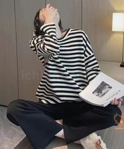 パジャマ 上下セット ルームウェア レディース ナイトウェア ストライプ 長袖 長ズボン かわいい 寝間着 薄手 ゆったり 通気性 柔らかい 秋 春